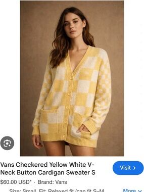 Vans Yellow and White Checkered V-Neck Button Cardigan